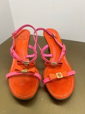 Tory Burch Orange Leather Sandals with Pink Bow Straps